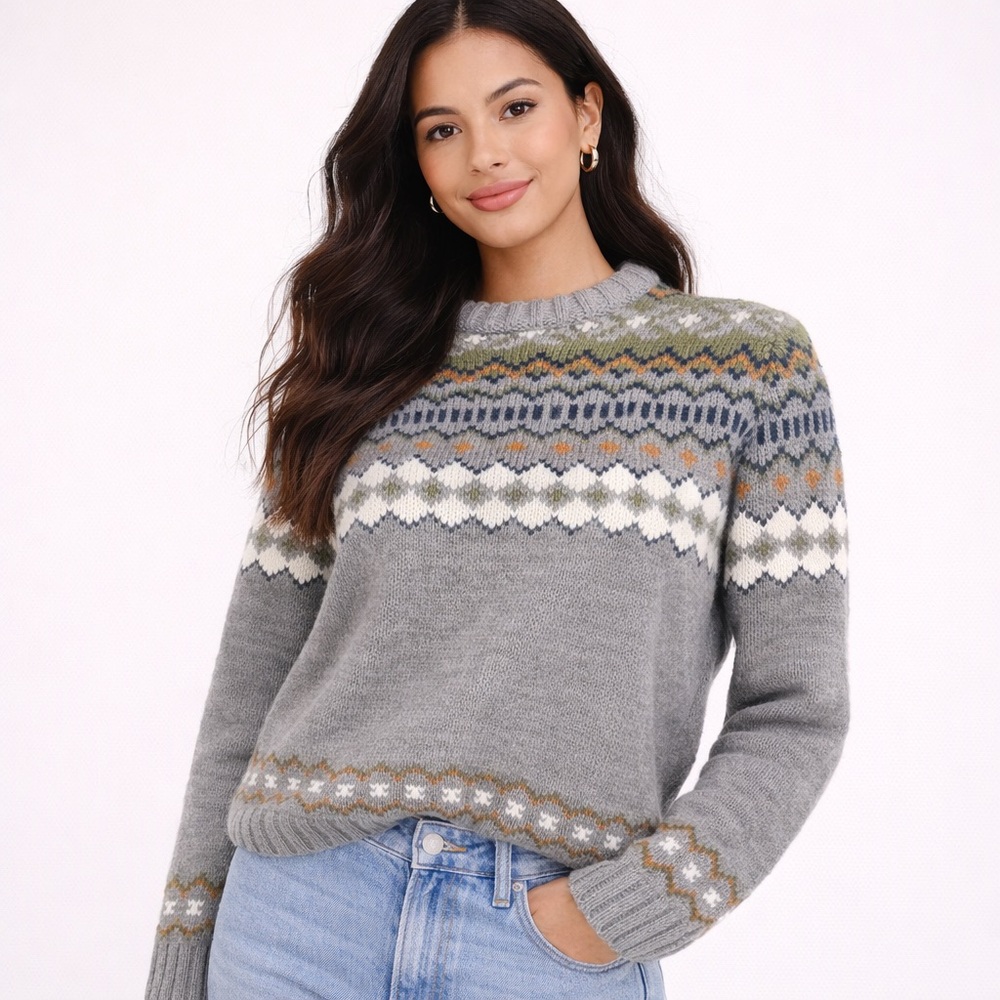 American Eagle Fair Isle Knit Sweater Gray Green Nordic Cozy Pullover Med NWOT